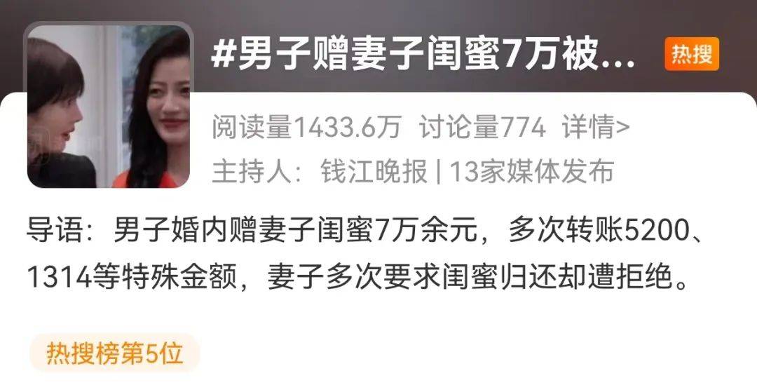 河南一男子给妻子闺蜜多次转账“1314”“5200”，妻子多次要求闺蜜归还遭拒，遂诉至法院